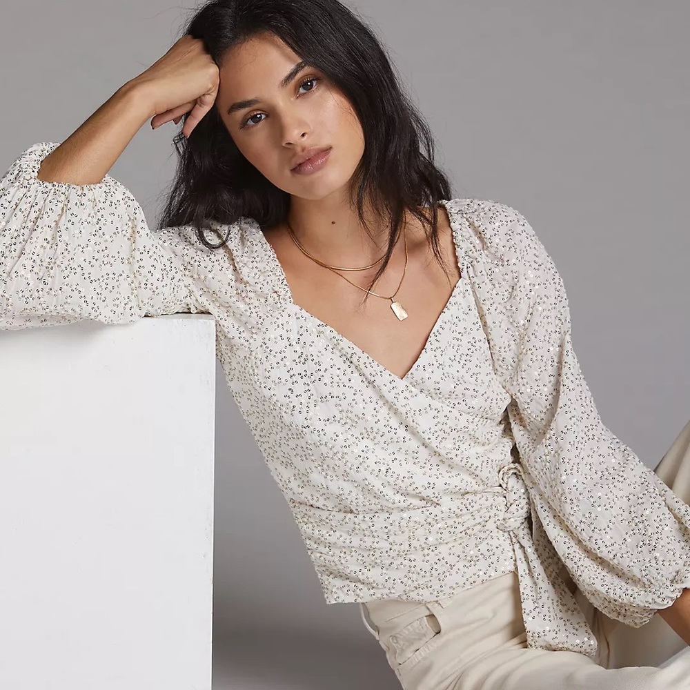 Surplice Tie Front White Sequin Blouse